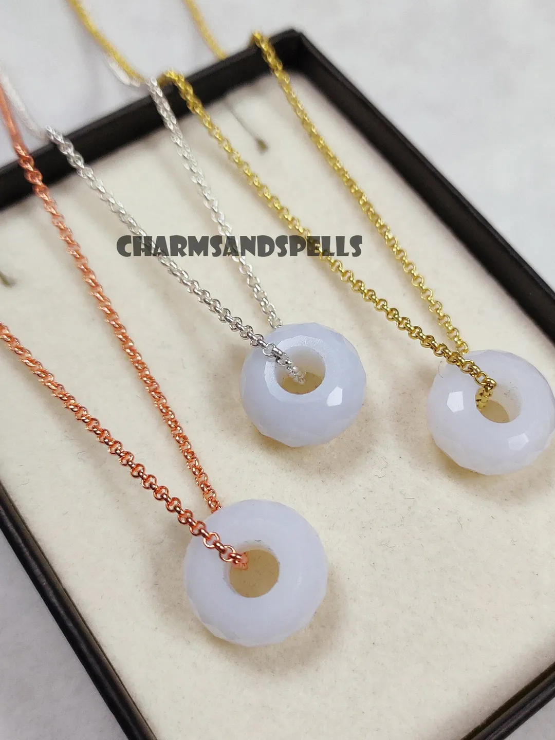 White Chalcedony Circle Pendant Necklace, Boho Jewelry, Natural Crystal Healing, Gift For Her