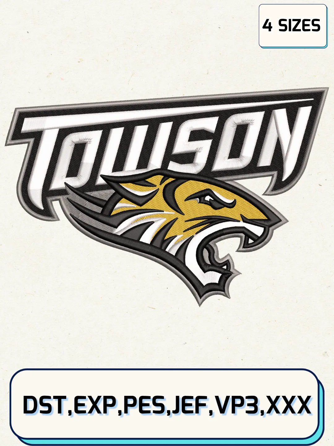 Towson Tigers Logo Embroidery Design File,NCAA Logo Embroidery Design, Machine Embroidery Files, 4 Sizes