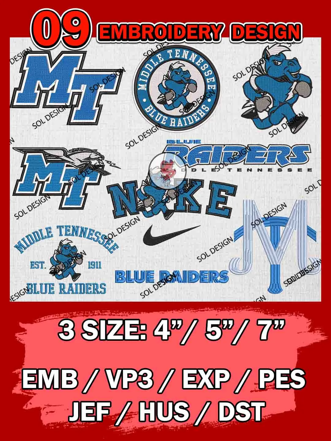 9 NCAA Middle Tennessee Blue Raiders Bundle Embroidery Files, NCAA Middle Tennessee Blue Raiders Team Bundle Embroidery Designs, NCAA Teams, National College Football Team 3 sizes, NCAA Middle Tennessee Machine Embroidery, Digital Download