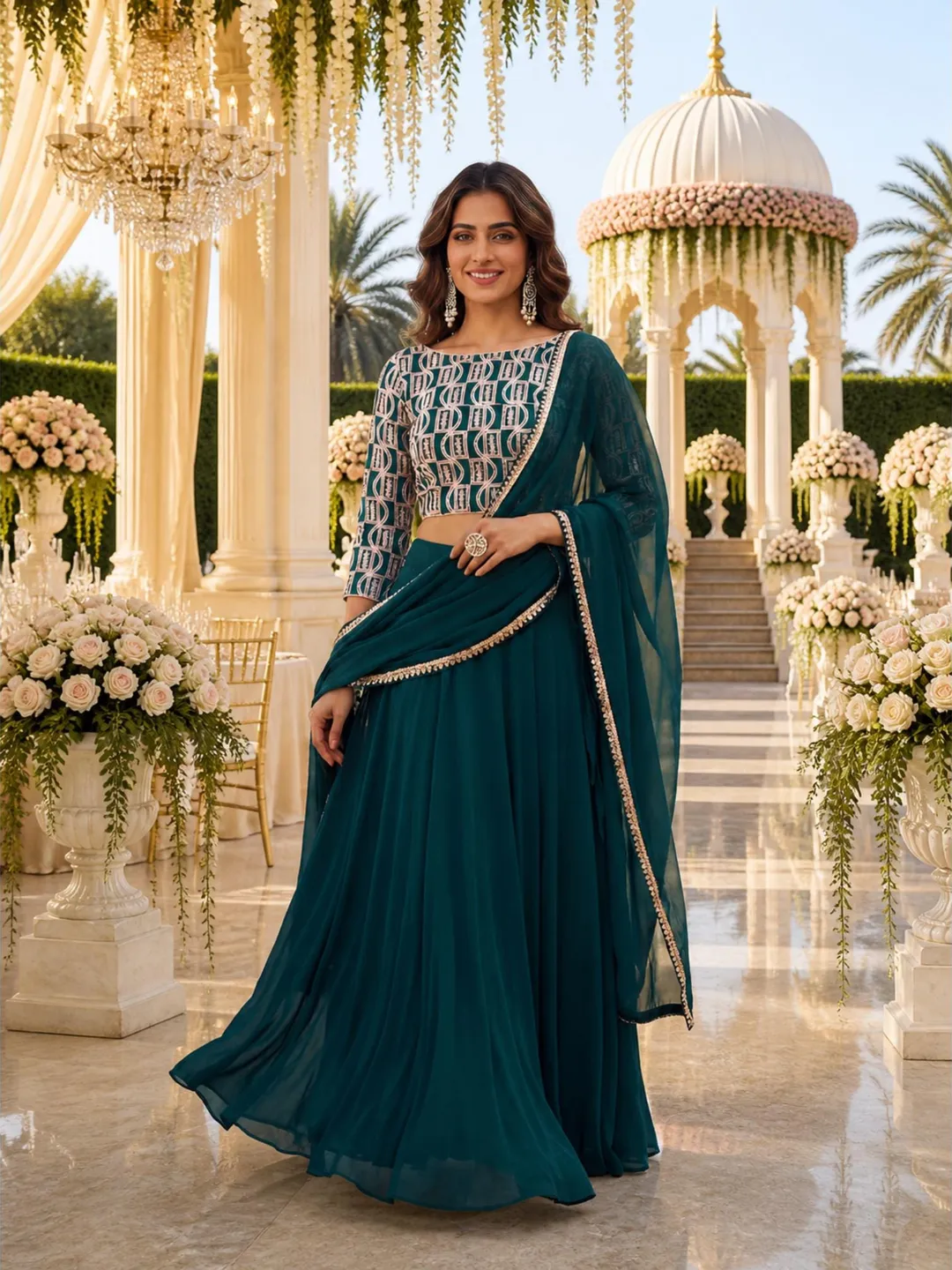 Green Sequin Embroidered Ready To Wear Lehenga Choli: Indian Wedding Wear