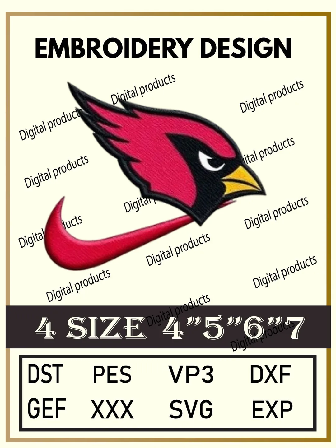 Cardinals Embroidery Design Digital Logo Pattern with Red Bird Head and Swoosh Style Underline for Machine Embroidery Projects in Four Sizes with Multiple Compatible Formats Including DST, PES, VP3, DXF, GEF, XXX, SVG, EXP Download