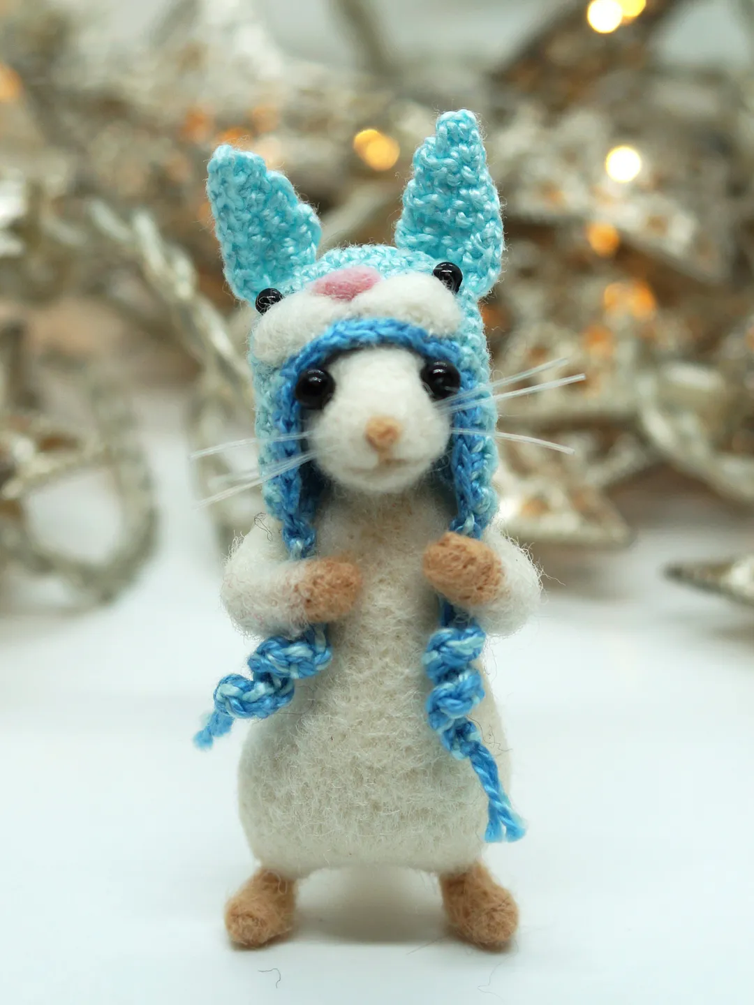 Timmy the mouse, miniature needle felted white mouse in a rabbit hat, made to order