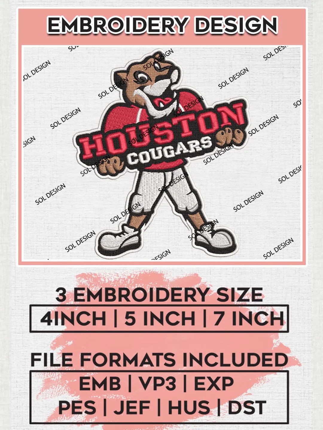 NCAA Houston Cougars Team Funny Logo Embroidery Design Files, NCAA Houston Cougars Machine Embroidery, NCAA Teams, 3 sizes, NCAA Machine embroidery designs, Digital Download