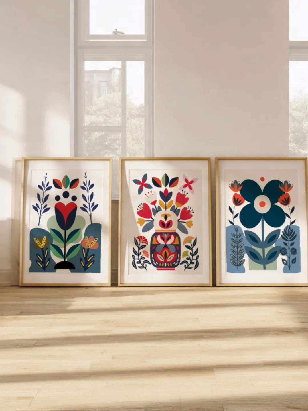 Colorful Scandinavian Art Norwegian Folk Art Floral print Set of 3 ...