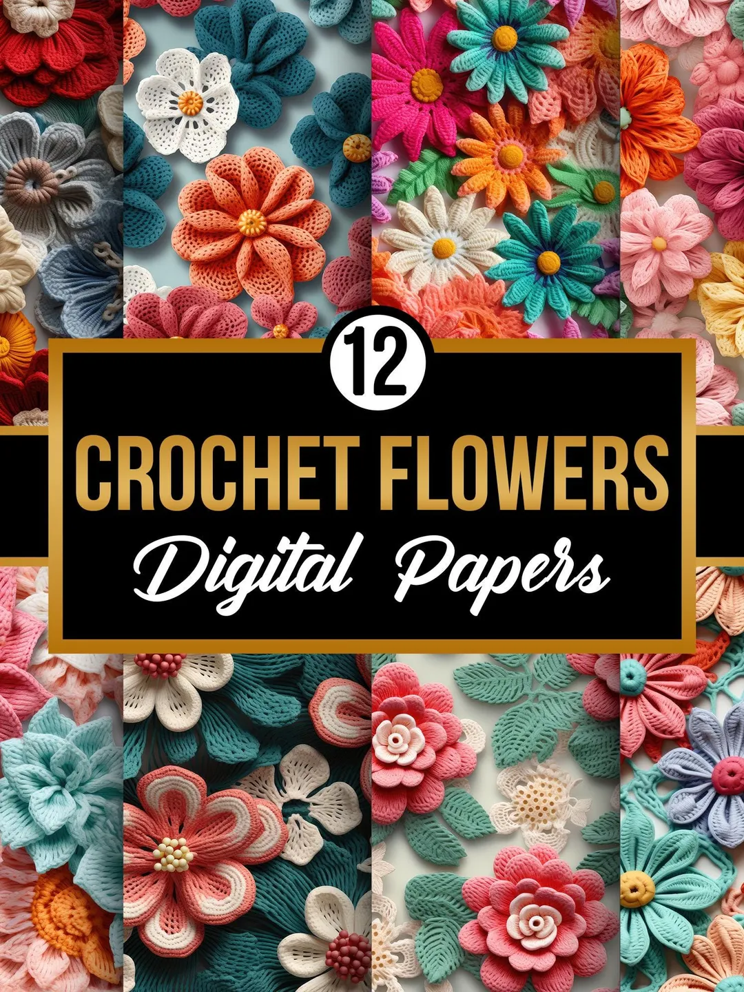 Crochet Flowers Digital Papers, Colorful Knitted Flowers Seamless Pattern