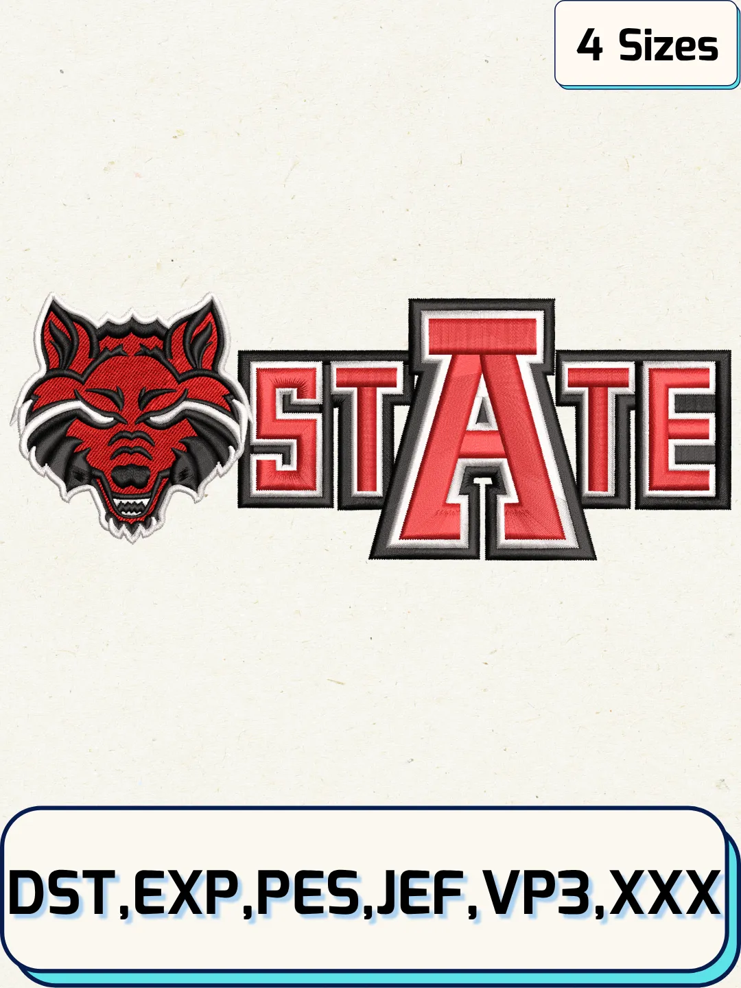 Arkansas State Red Wolves Secondary Logo Embroidery Design Files, NCAA Logos Embroidery Designs, Machine Embroidery Files, 4 Sizes