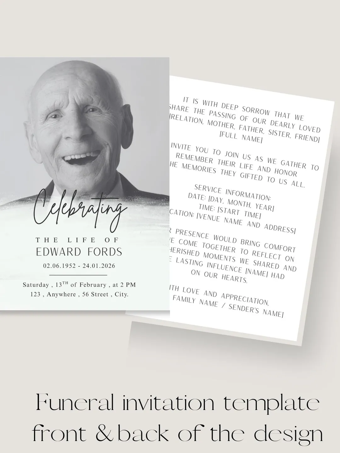 Funeral Invitation Template Canva Editable | Memorial Announcement Card ...