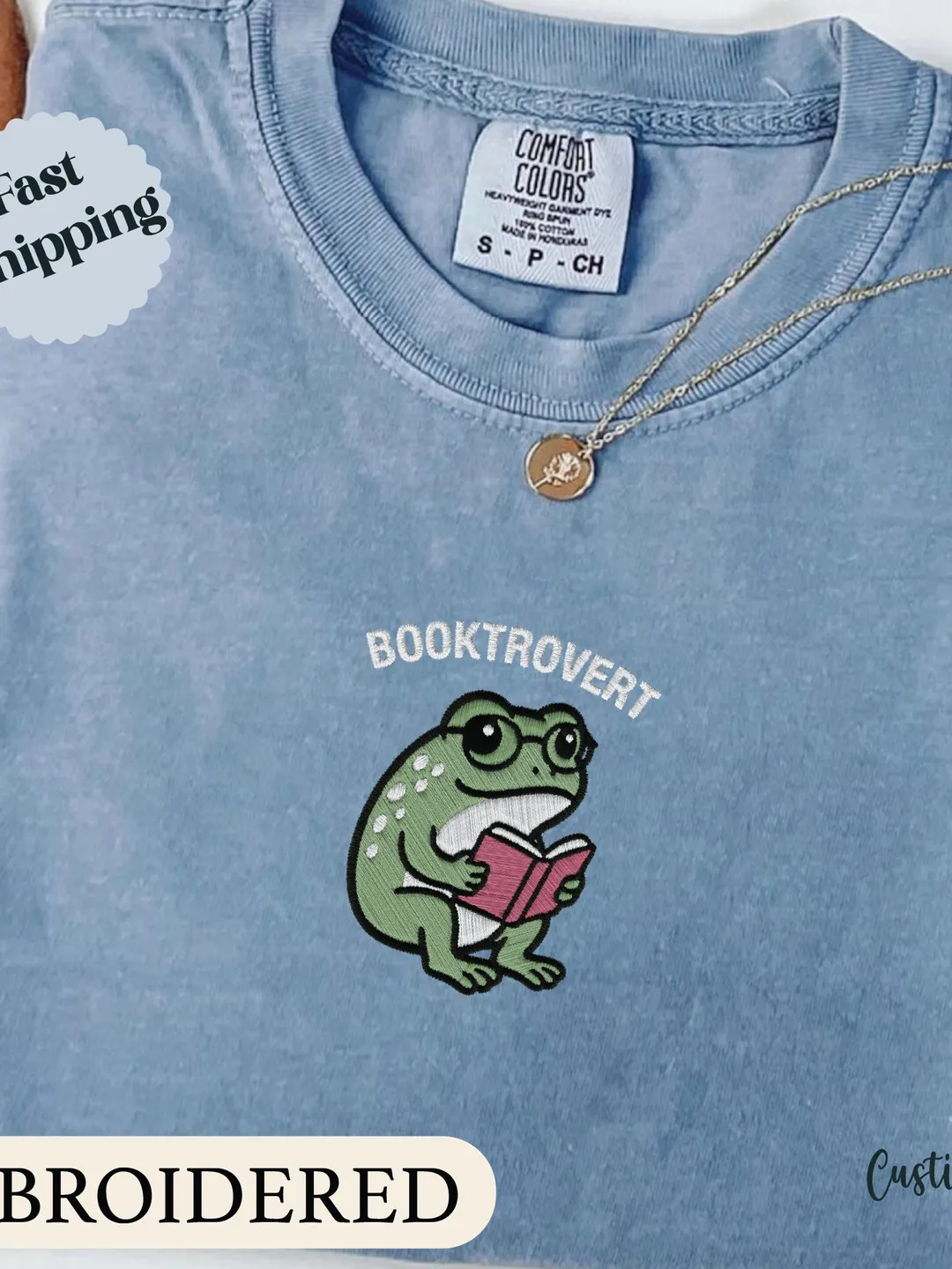 Comfort Colors Funny Book Club T-Shirt, Embroidered Unisex Garment-Dyed Tee, Funny Frog Booktrovert Shirt, Funny Book Club Sweatshirt