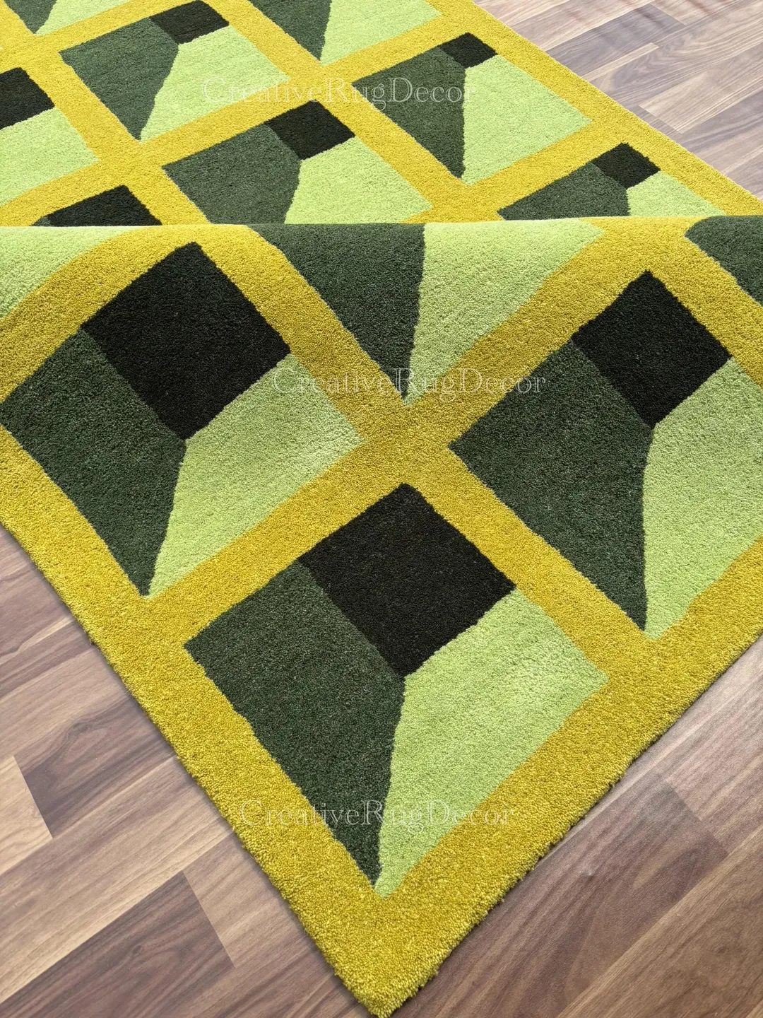 3d Tuffted Rug Hand-Tufted Wool Rug: 3D Optical Illusion Cube, Green Geometric Design