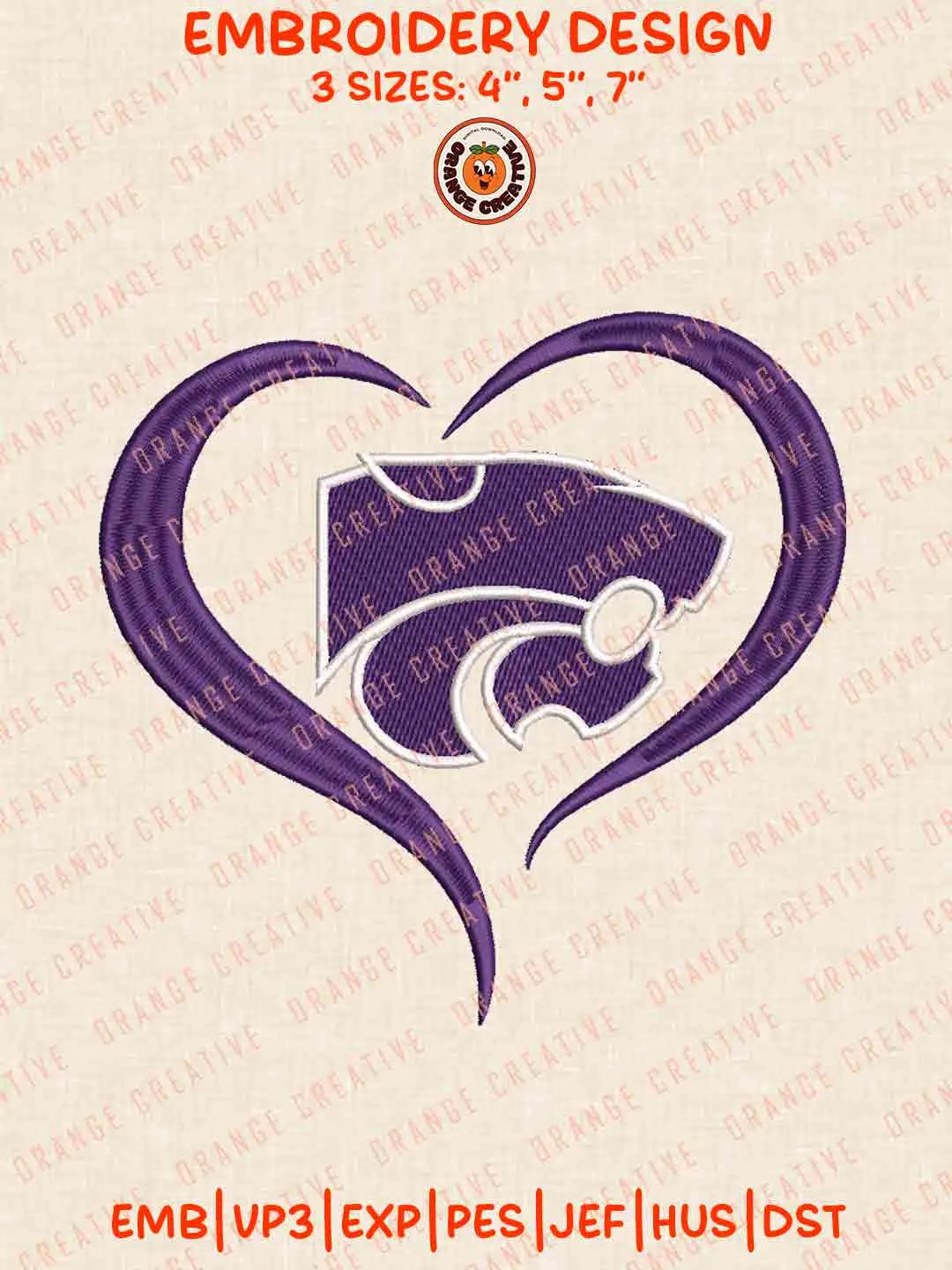 Kansas State Wildcat Heart Embroidery Files, Football Embroidery Designs, College Sport Machine Embroidery Files, 3 Sizes, Custom Sizes, Instant Download