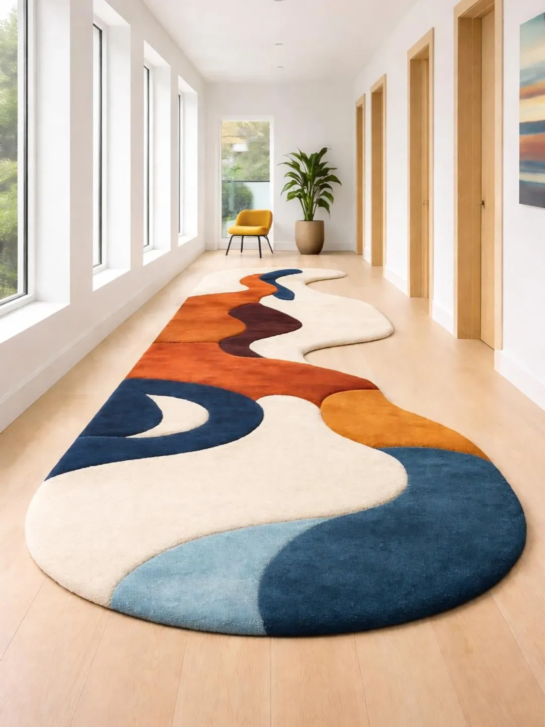 Unique Shape Runner Rug Hand Tufted Abstract Runner Rug, Organic Shape, Multicolor Hallway Carpet