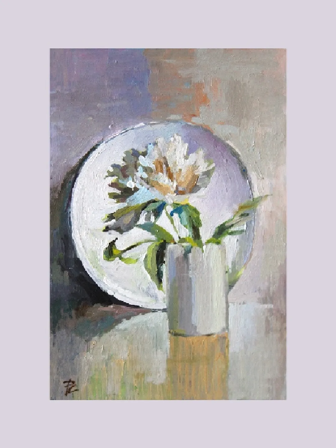 Oil painting. White peony. Miniature.