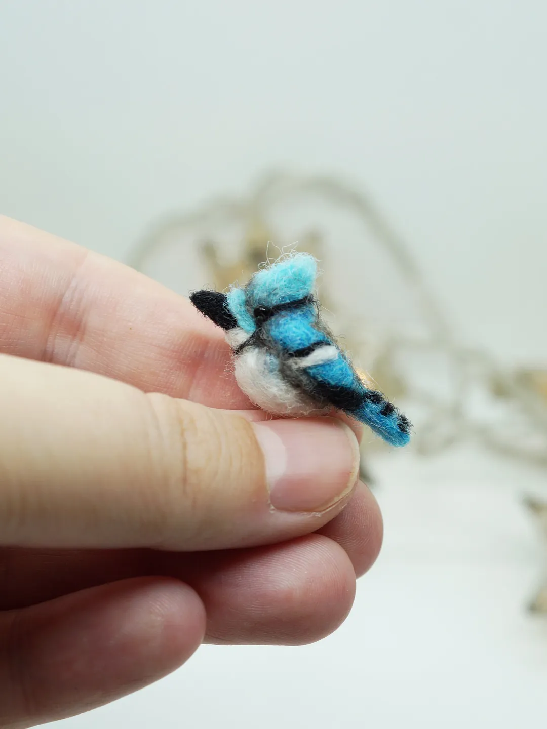 Tiny needle felted blue jay, miniature bird, made to order