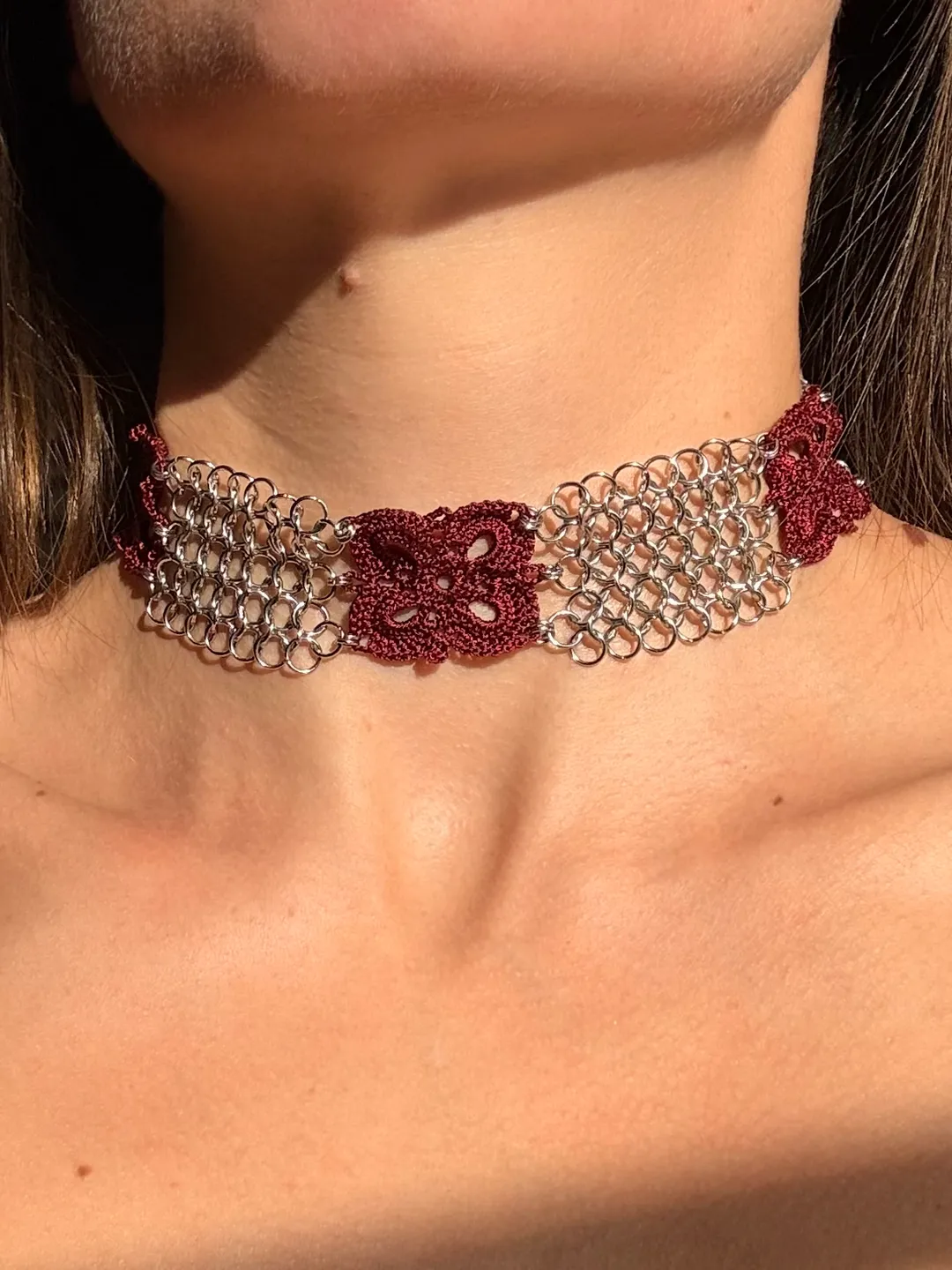 Choker Chainmail and Crochet Lace Stainless Steel Jewelry Handmade Necklace
