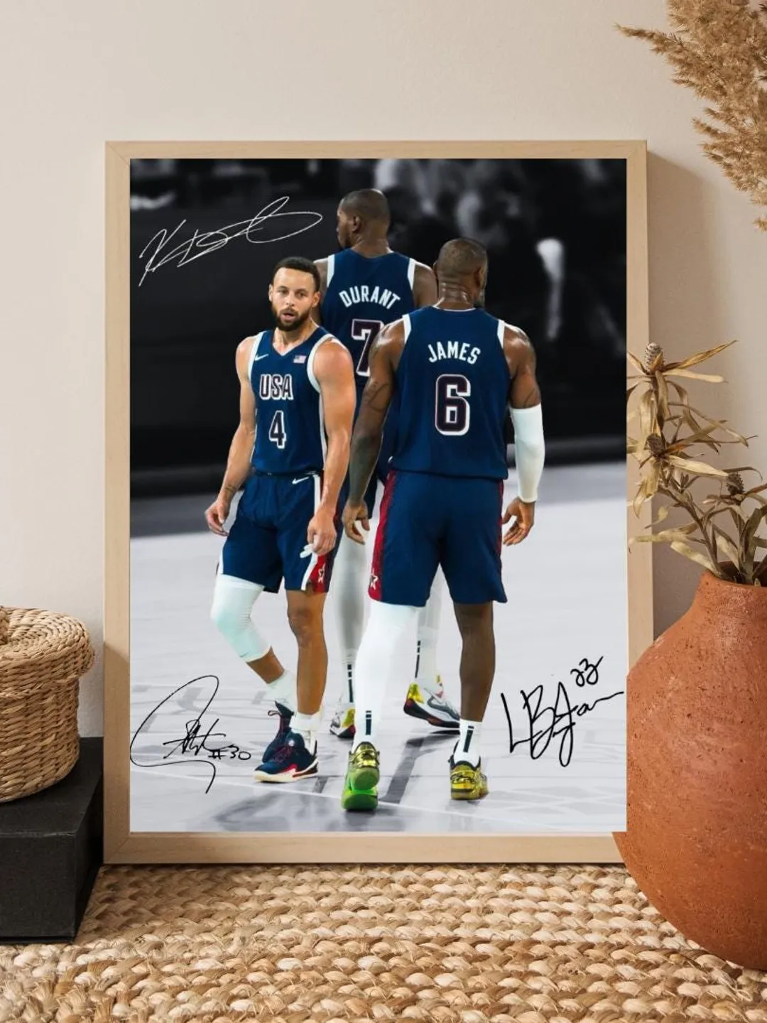 Stephen Curry, LeBron James & Kevin Durant Walnut Art – NBA Legends Handcrafted Portrait