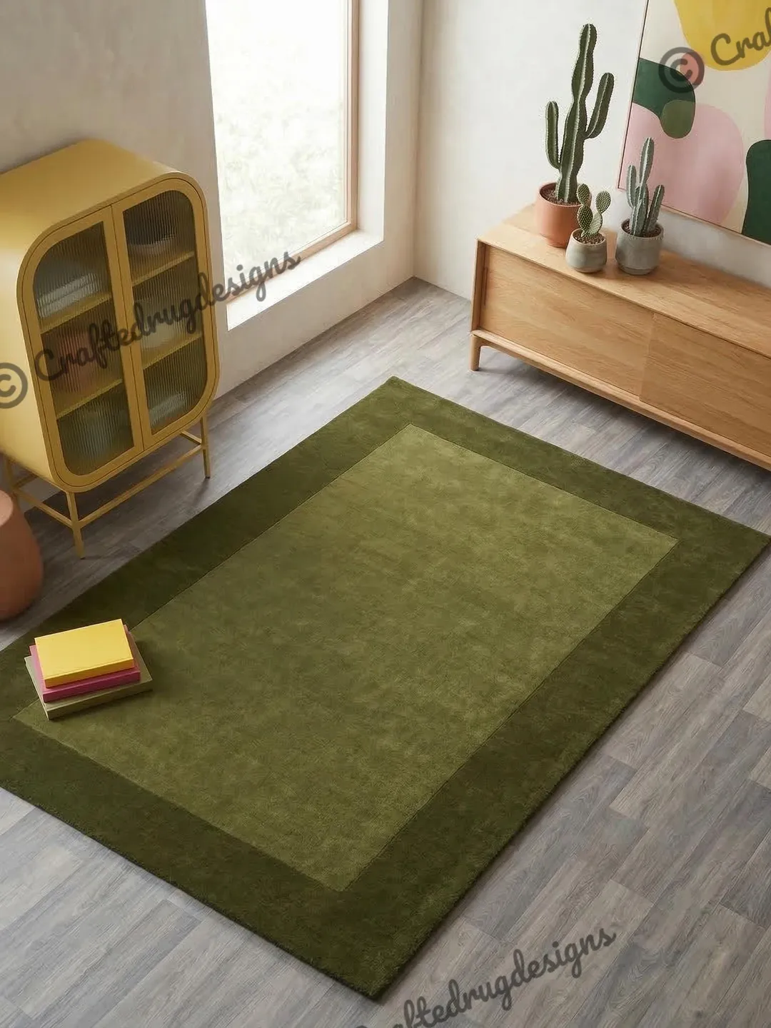 Hand Tufted Olive Green Rug, Modern Minimalist Border Area Rug