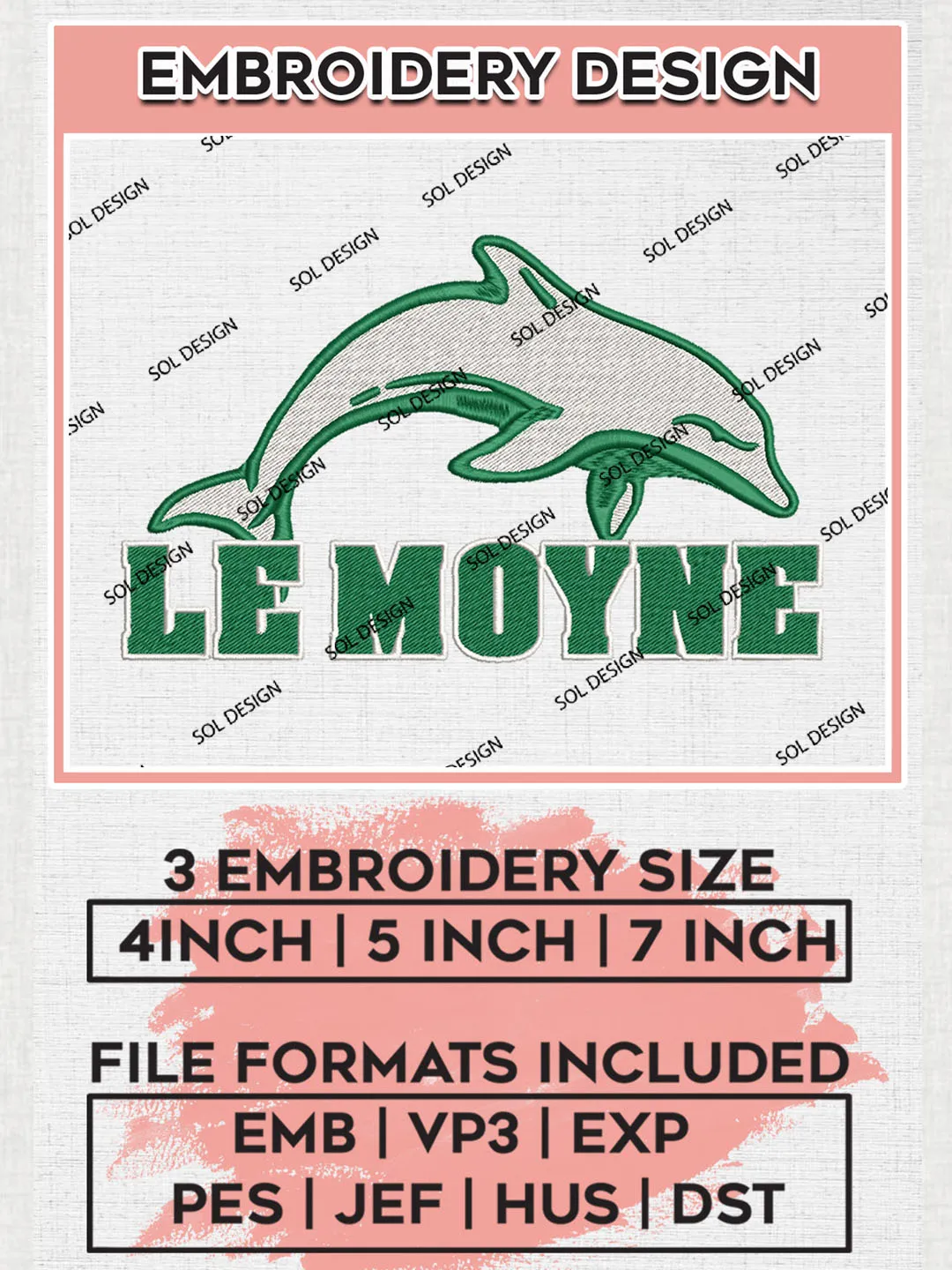 NCAA Le Moyne Team Logo Embroidery Design Files, NCAA Le Moyne Dolphins Machine Embroidery, NCAA Teams, 3 sizes, NCAA Machine embroidery designs, Digital Download