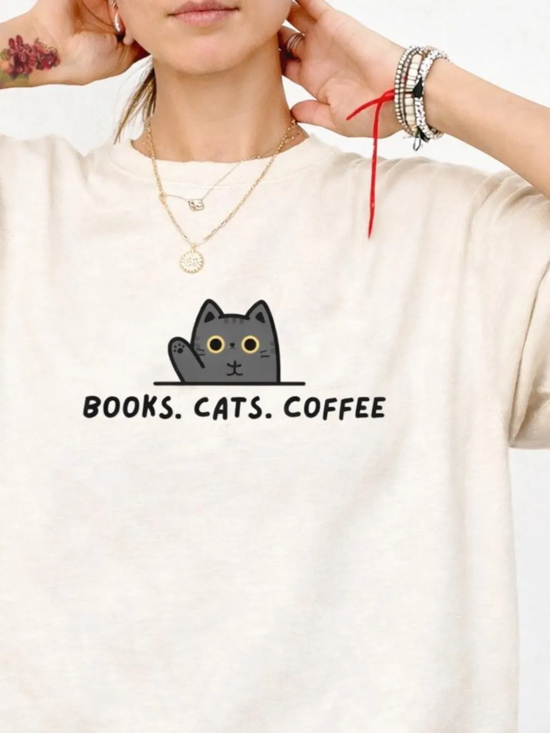 Books Cats Coffee T-shirt | Cat Peeking Graphic Tee