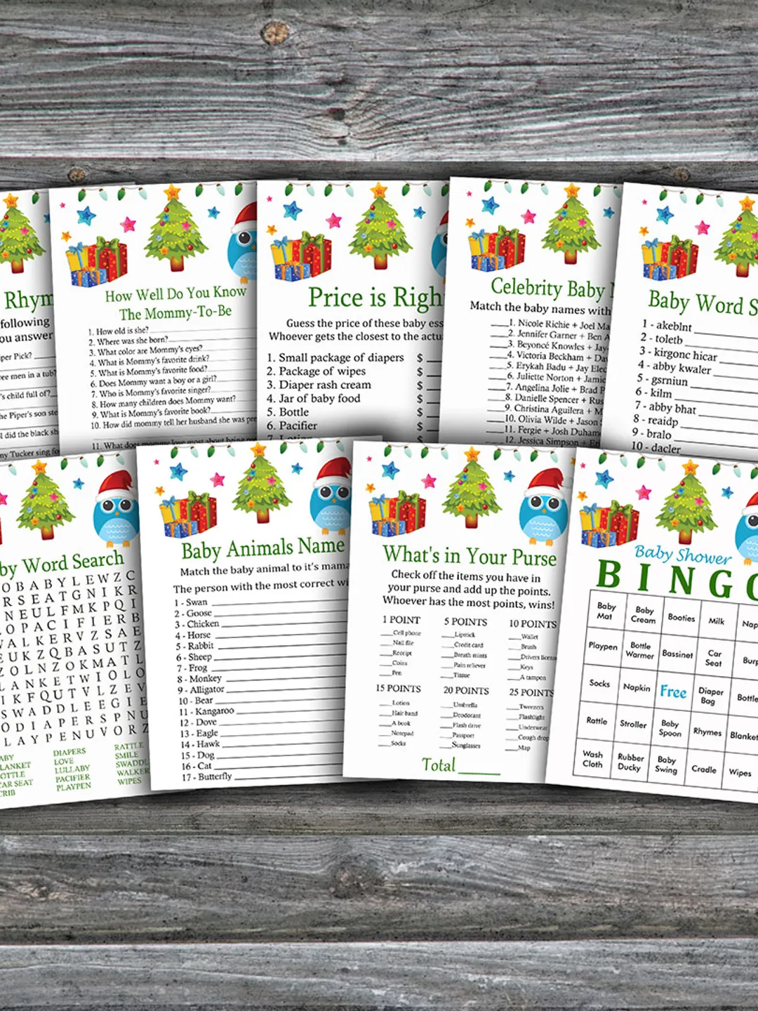 Christmas tree baby shower games bundle,Winter themed Baby Shower games package,Fun Baby Shower Games,9 Printable Games