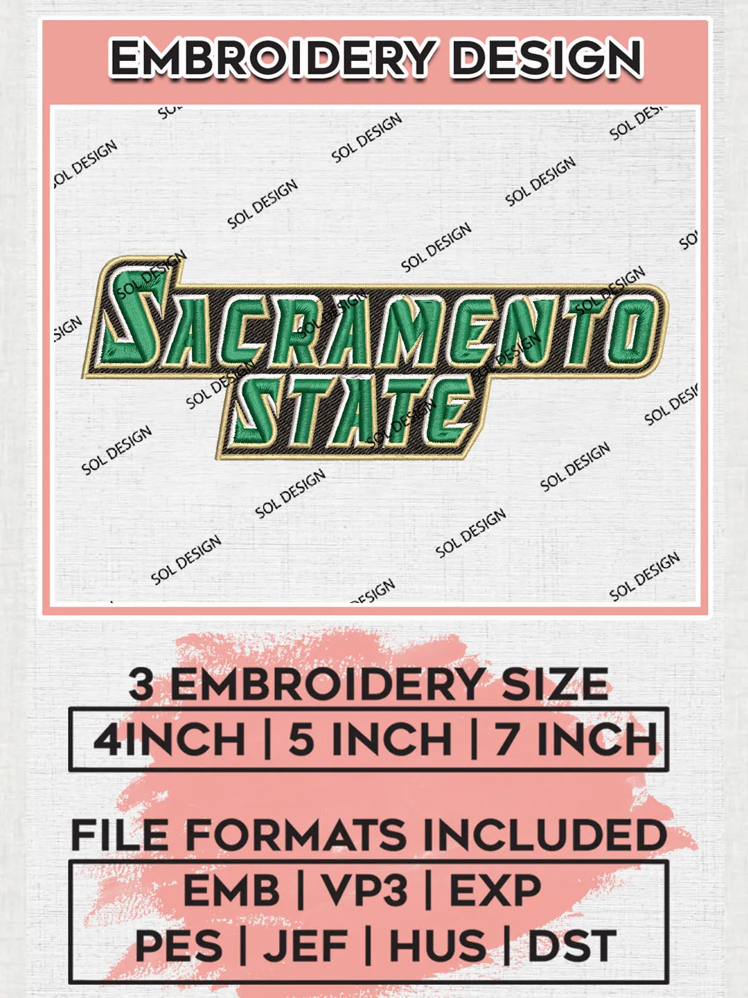 NCAA Sacramento State Team Writing Logo Embroidery Design Files, NCAA Sacramento State Hornets Machine Embroidery, NCAA Teams, 3 sizes, NCAA Machine embroidery designs, Digital Download
