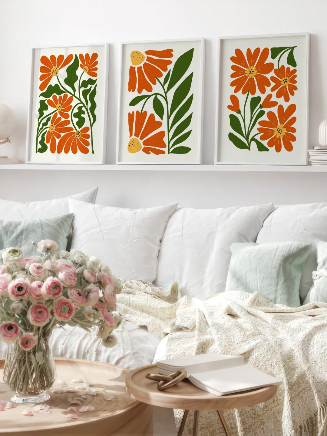 Abstract Flowers Print Set of 3, Boho Style Terracotta Prints, Floral Wall Art, Vintage Art Print, Boho Printable Art, Flower Market Poster