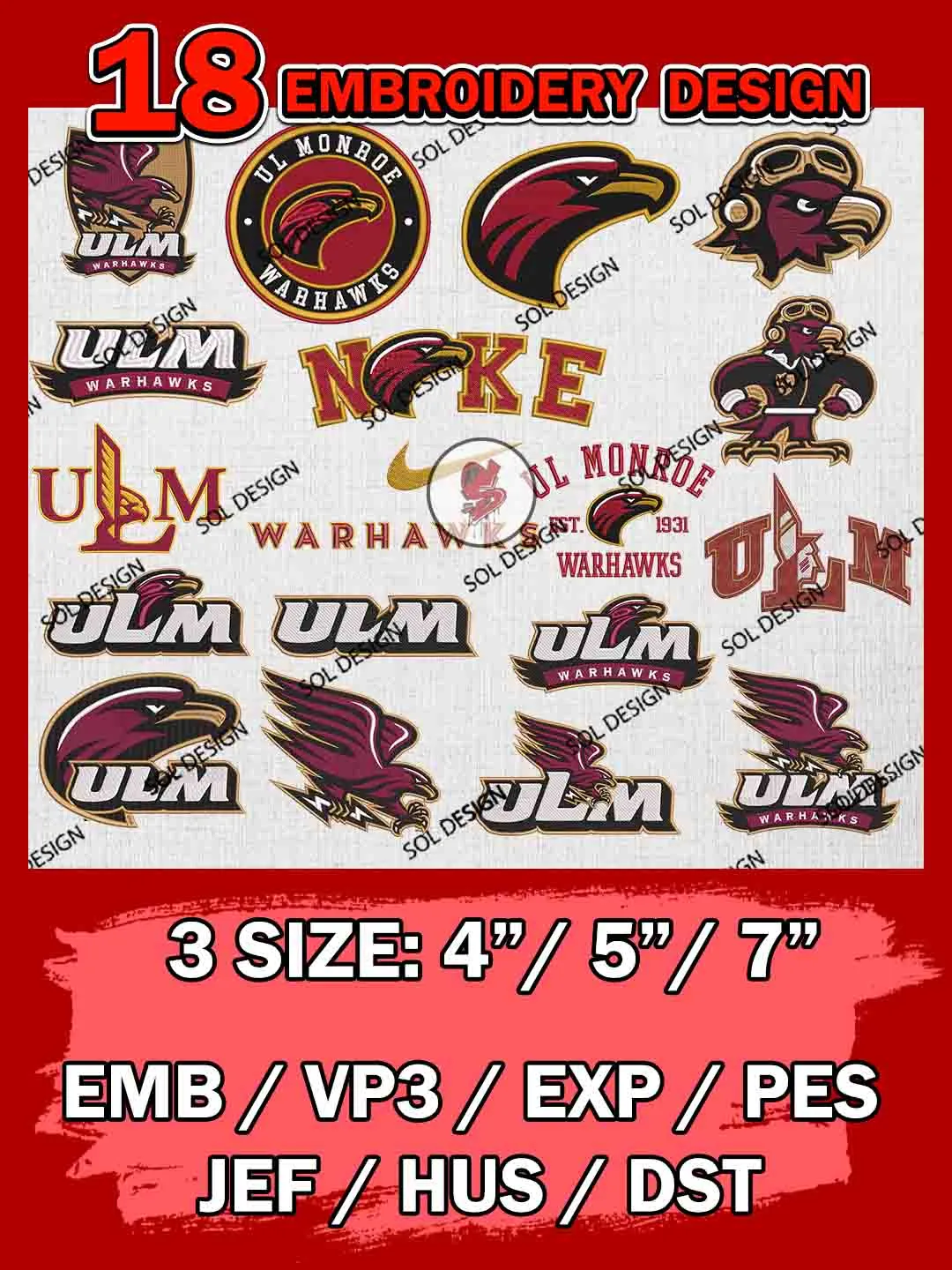 18 NCAA UL Monroe Warhawks Bundle Embroidery Files, NCAA UL Monroe Warhawks Team Bundle Embroidery Designs, NCAA Teams, National College Football Team 3 sizes, NCAA UL Monroe Machine Embroidery, Digital Download