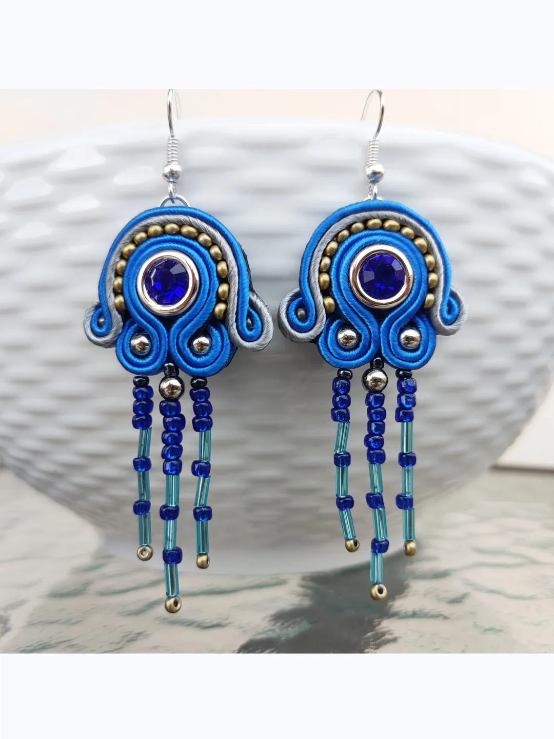 Blue earrings, Long beaded earrings, tassel earrings, embroidered soutache earrings Bohemian earrings