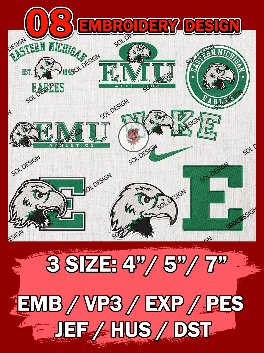 8 NCAA Eastern Michigan Eagles Bundle Embroidery Files, NCAA Eastern Michigan EaglesTeam Bundle Embroidery Designs, NCAA Teams, National College Football Team 3 sizes, NCAA Eastern Michigan Machine Embroidery, Digital Download