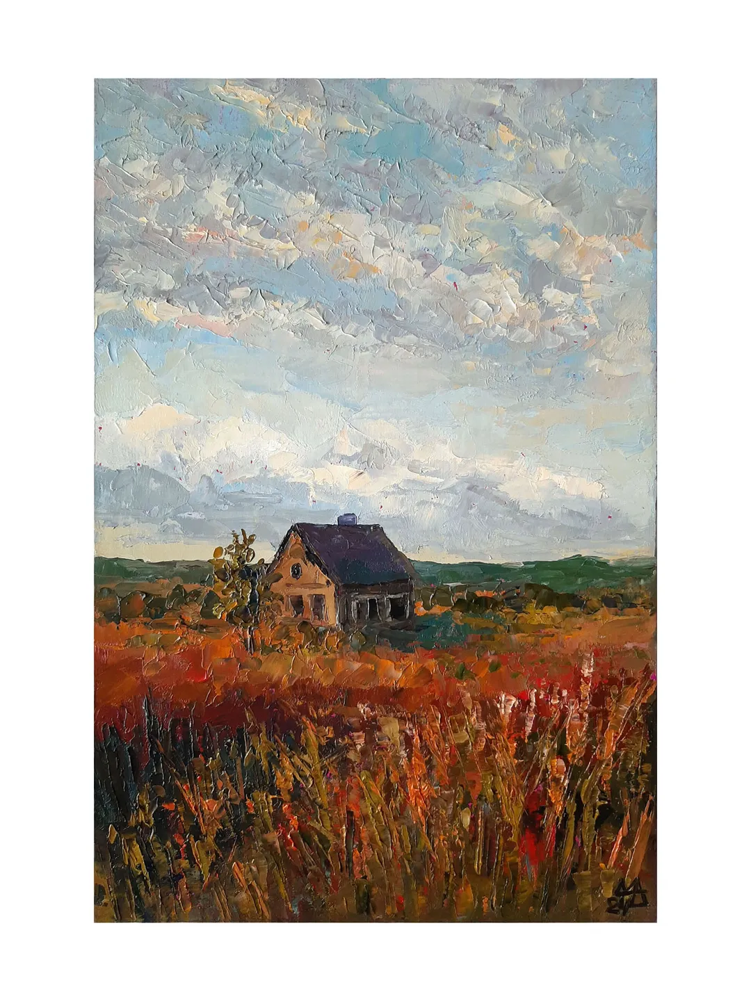 House Sunlit painting 12x8” ORIGINAL ART Evening Landscape Impressionist hand painted by artist Marina Chuchko