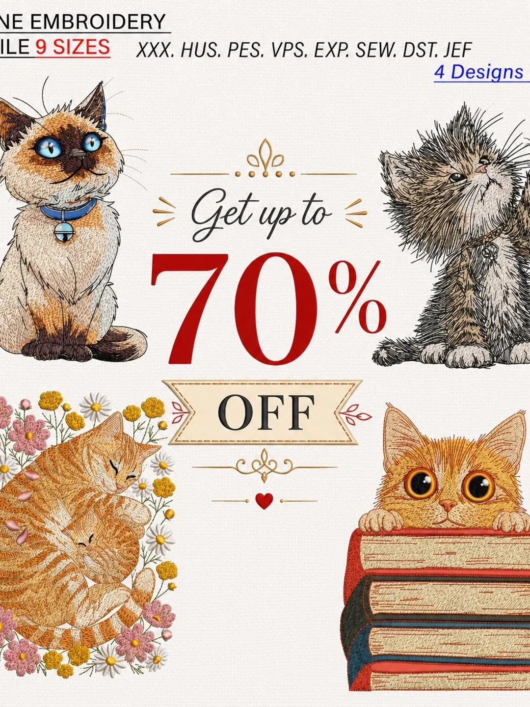 Cute Cat Machine Embroidery Designs Bundle, 4 Kitten Patterns for Book ...