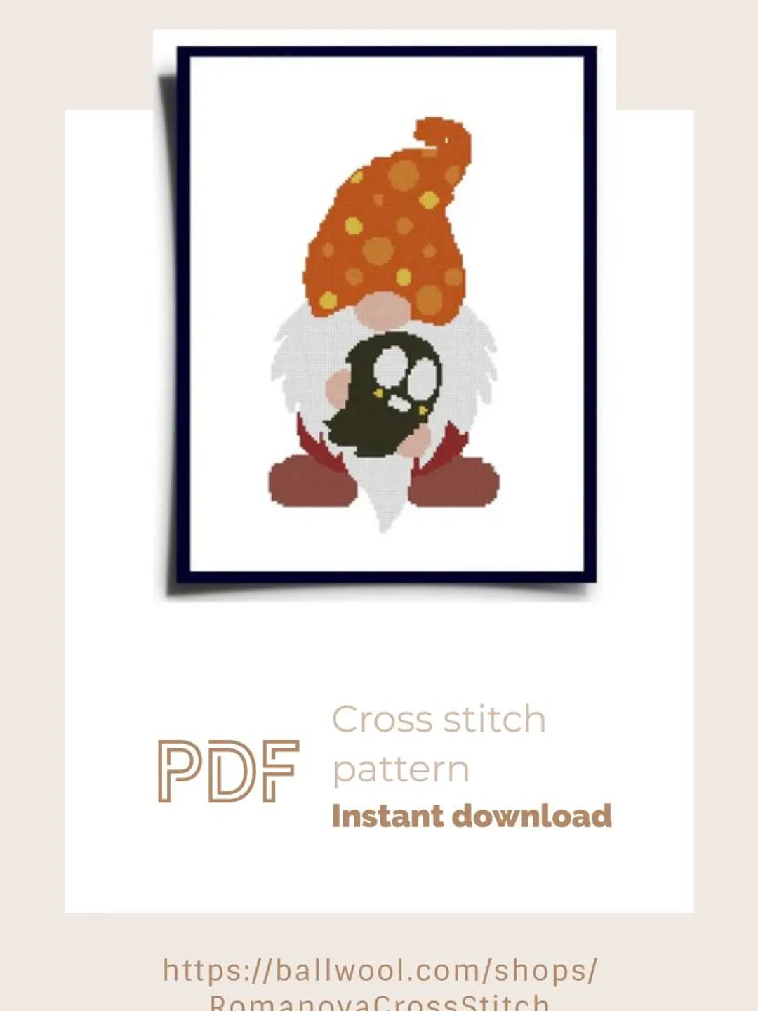Gnome cross stitch PDF pattern, Halloween embroidery, Instant download