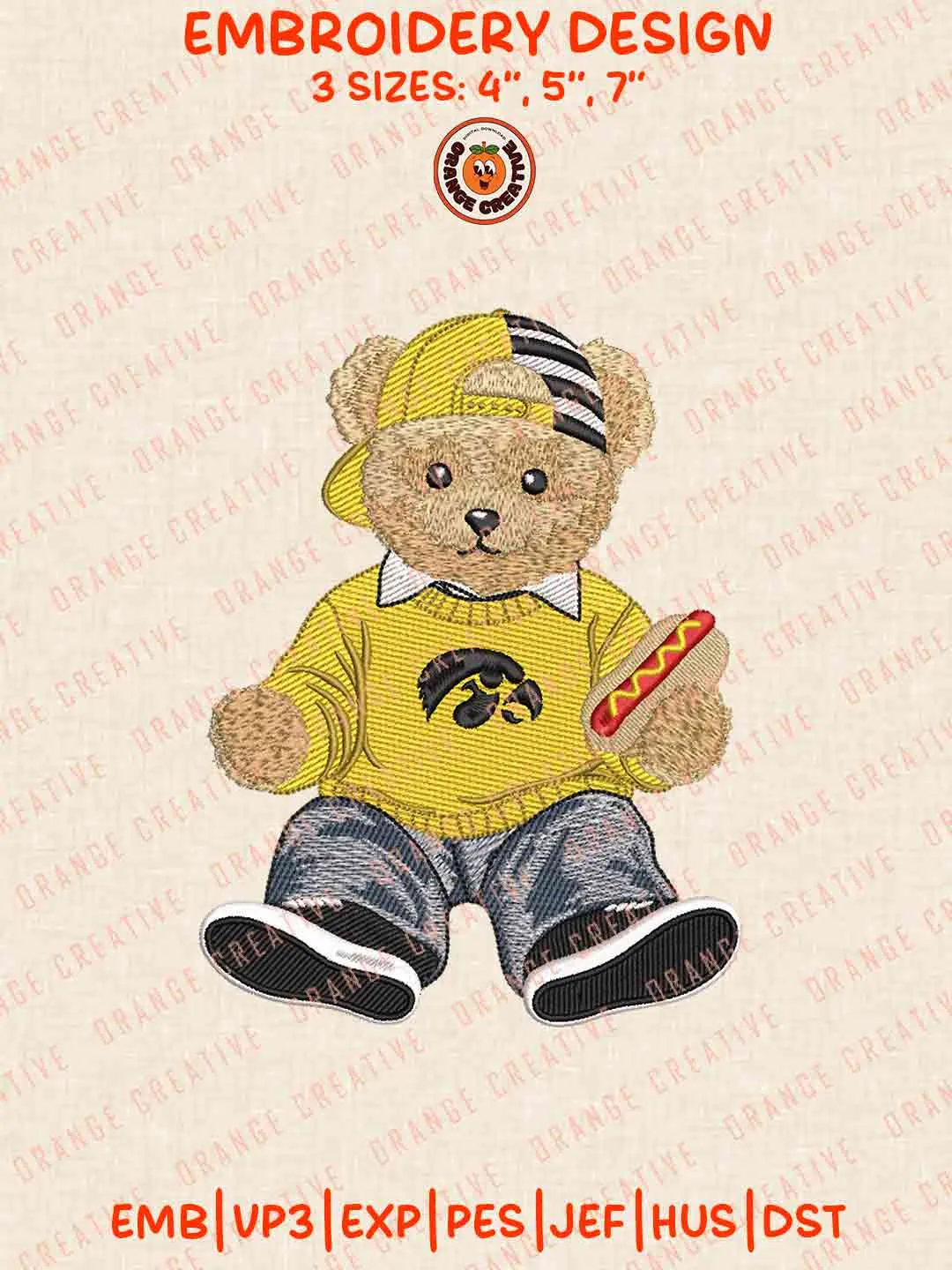 Iowa Hawkeye Teddy Bear Embroidery Design Files, Football Logos Embroidery Designs, Sport Machine Embroidery Files, 3 Sizes, Custom Sizes, Instant Download