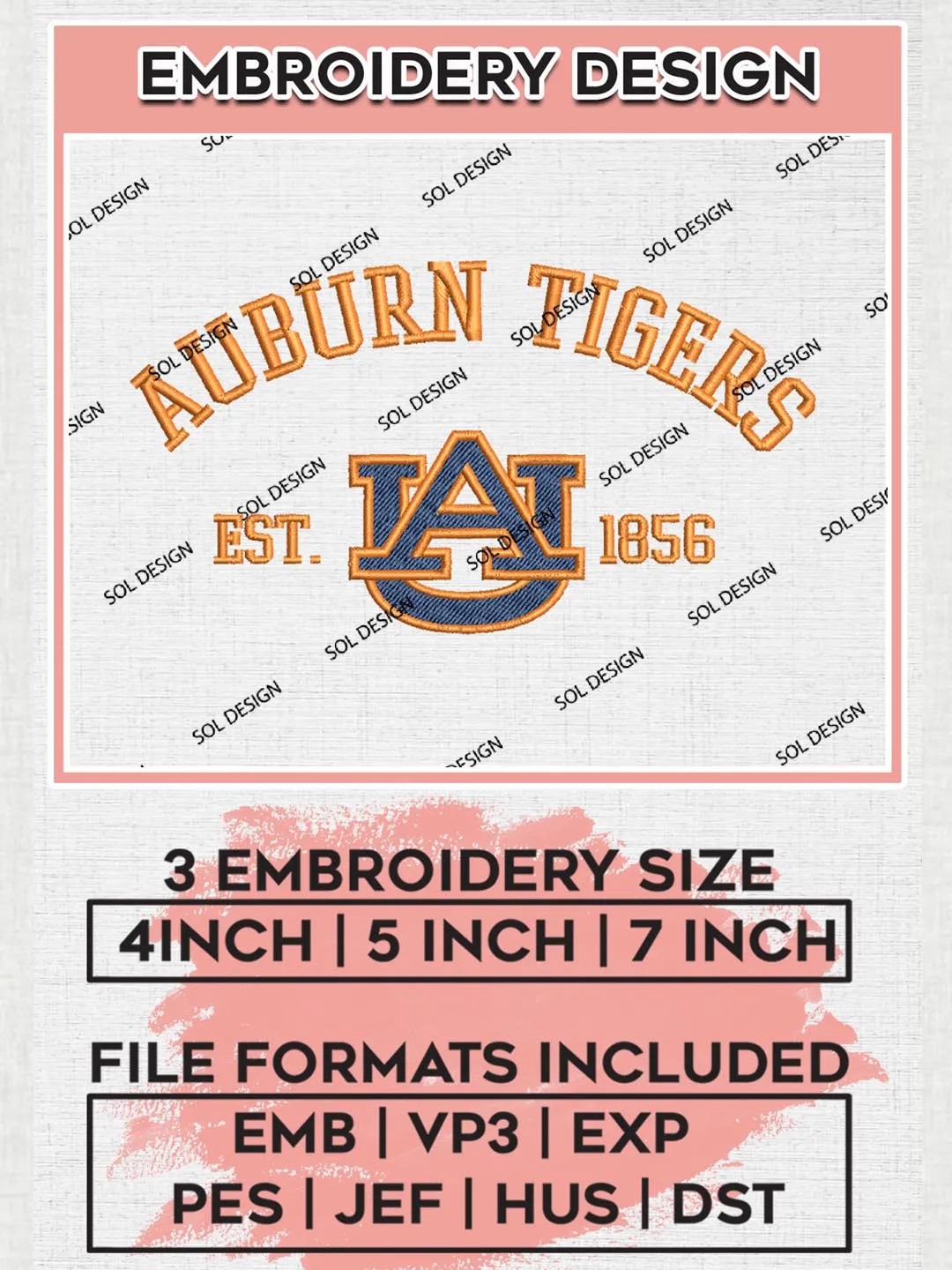 Auburn Tigers Est 1856 Logo Embroidery Designs, NCAA Auburn Tigers Team Embroidery, NCAA Team Logo, 3 sizes, Machine embroidery Files, Digital Download