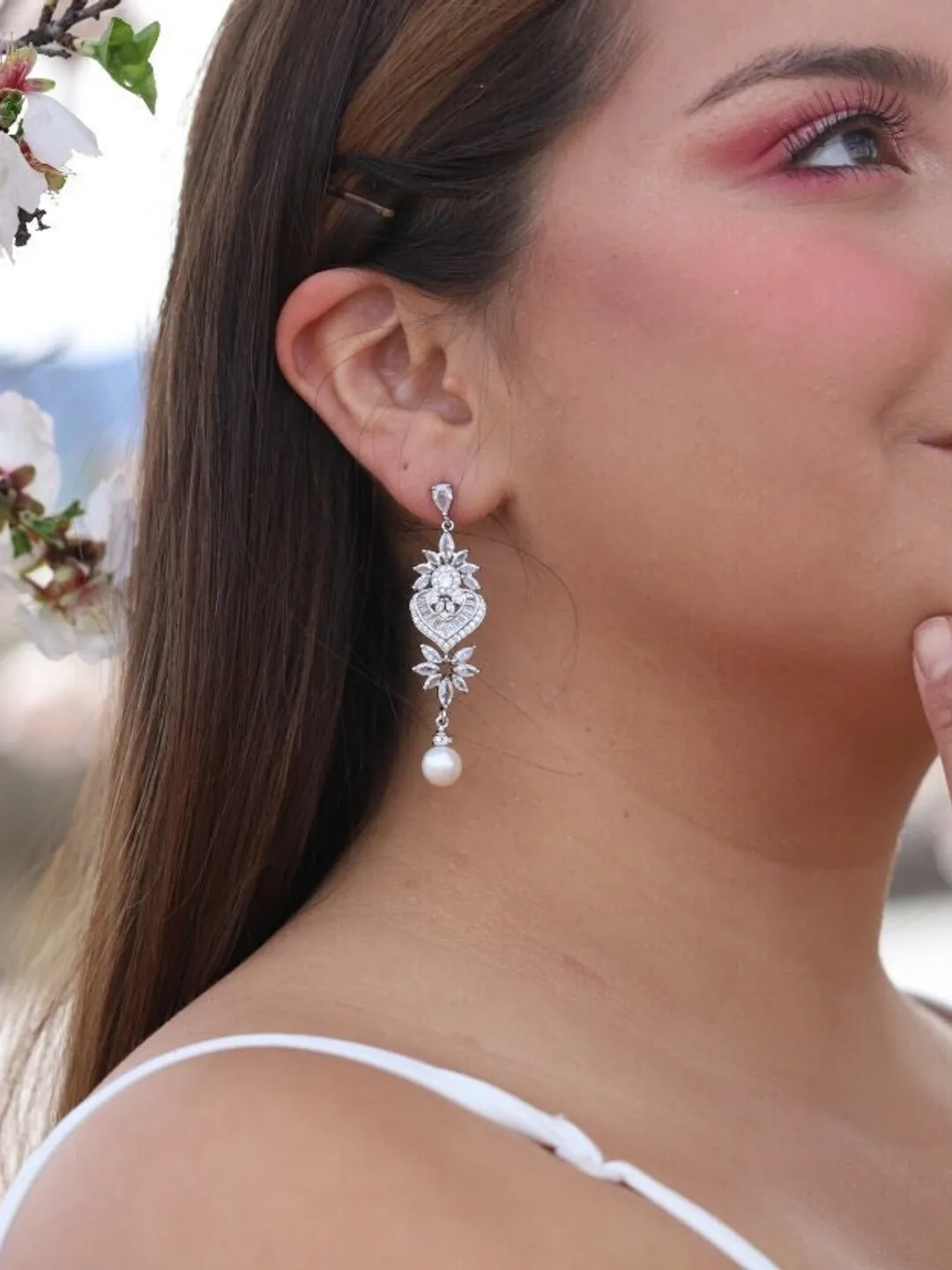 Art Deco Silver Swarovski Crystal Statement Wedding Earrings, Drop Pearl Chandelier Bridal Earrings, Boho Wedding Earrings, Bridal Jewelry