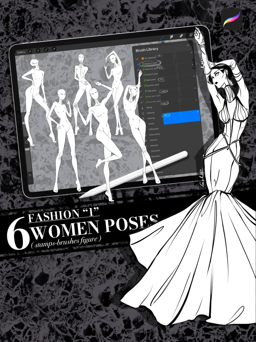 Procreate brushes, body poses of female figure, set "Fashion 1"