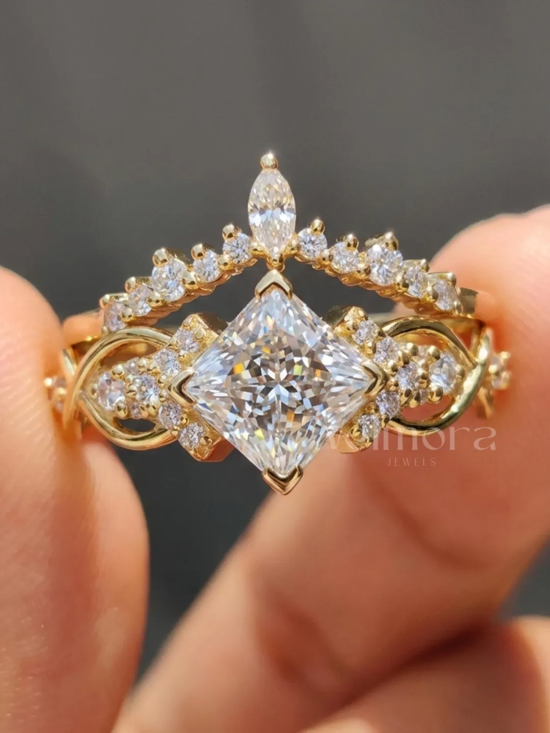 Princess Cut Moissanite Engagement Ring Set, Crown Wedding Band, Unique Infinity Halo Promise Ring.