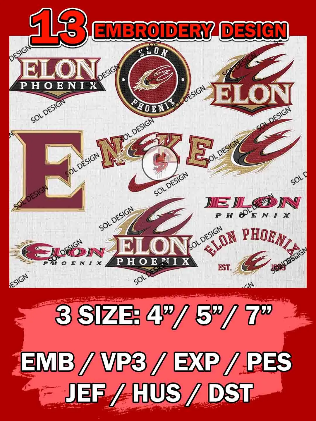 13 NCAA Elon Phoenix Bundle Embroidery Files, NCAA Elon Phoenix Team Bundle Embroidery Designs, NCAA Teams, National College Football Team 3 sizes, NCAA Elon Phoenix Machine Embroidery, Digital Download