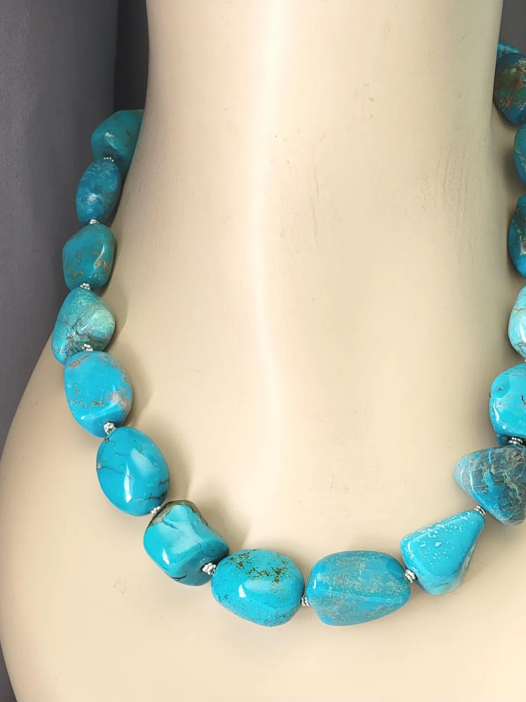 Turquoise Necklace Chunky Sterling Silver Designer Nugget Statement Big Turquoise Nuggets, Western Graduated Real Turquoise Beads Birthstone