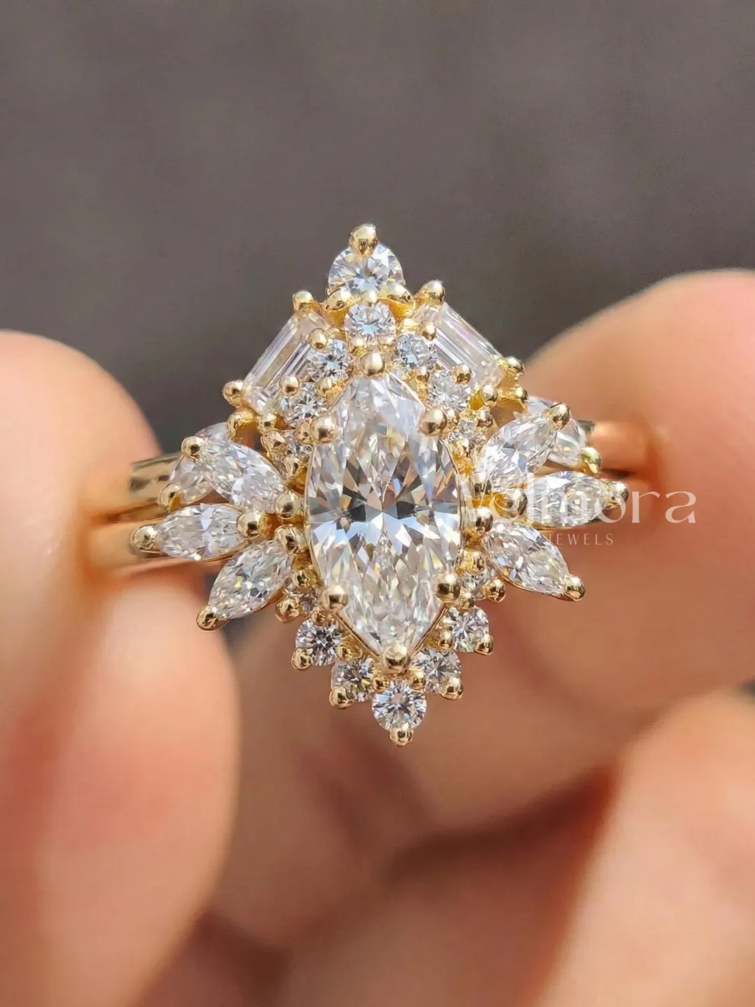 Marquise Diamond Engagement Ring, 14K Gold Floral Halo, Vintage Bridal Set