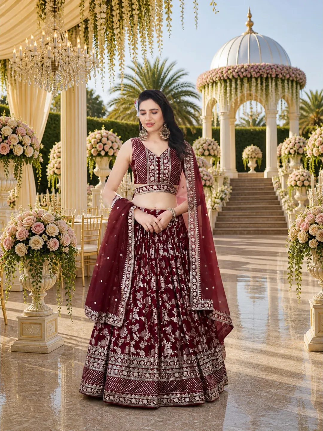 Maroon Ready To Wear Lehenga Choli: Indian Wedding Embroidery Sequins Georgette Lengha