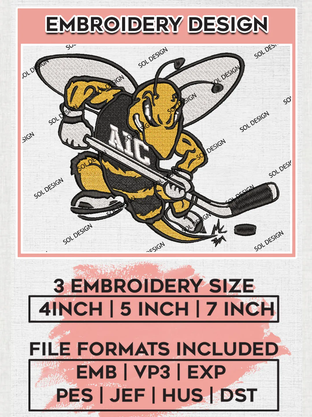 NCAA AIC Yellow Jackets Team Mascot Logo Embroidery Design Files, NCAA AIC Yellow Jackets Machine Embroidery, NCAA Teams, 3 sizes, NCAA Machine embroidery designs, Digital Download
