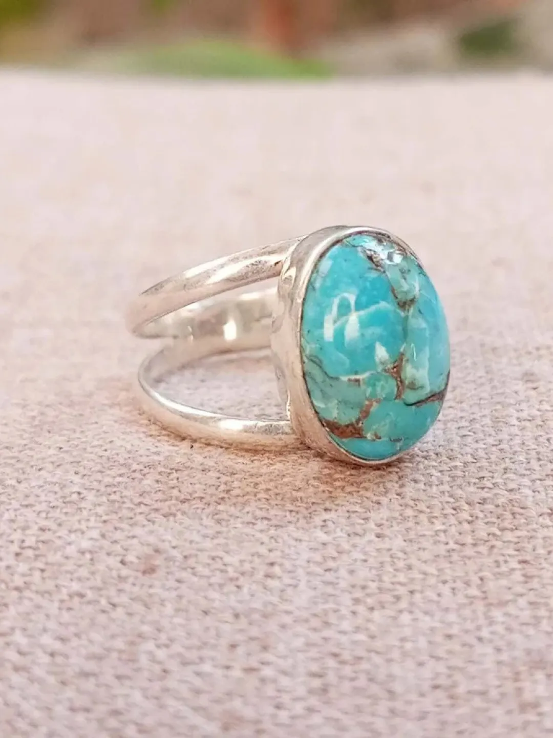 Handcrafted 925 Silver Boho Ring: Natural Turquoise Gemstone