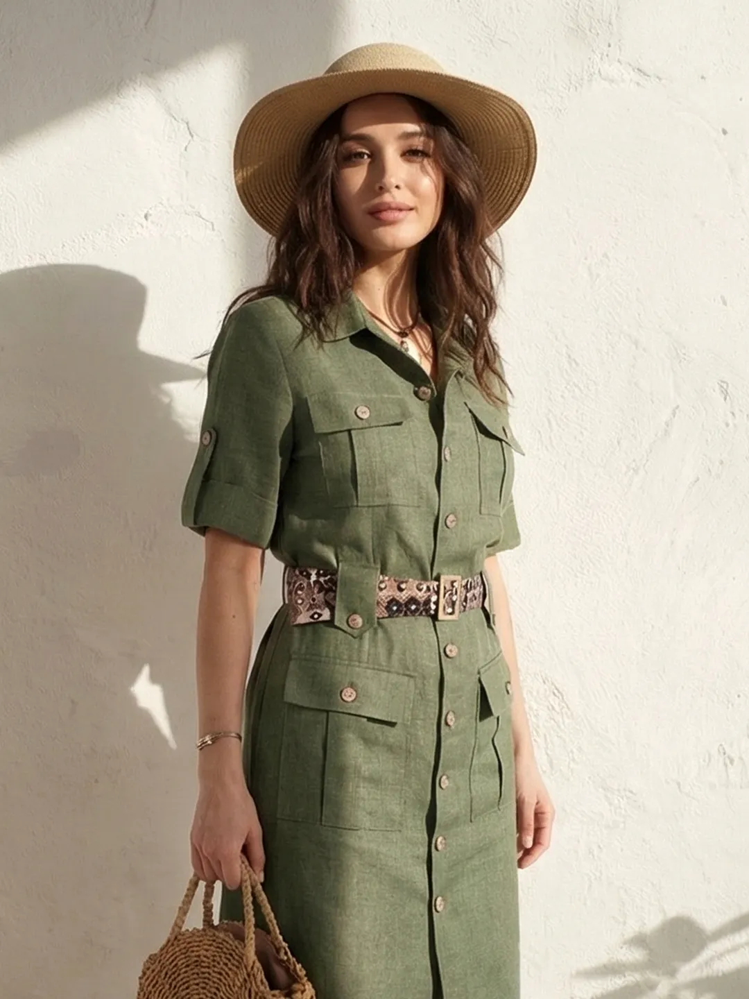 Linen Shirt Dress with Pockets/ Green Safari Style Dress