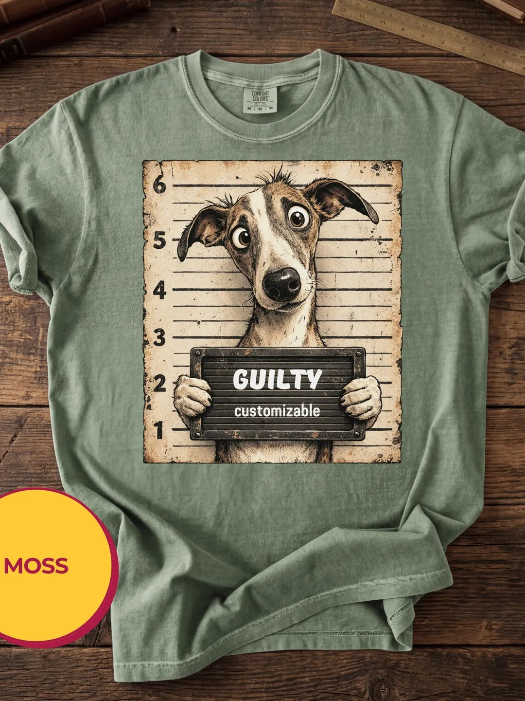 Whippet Mugshot Shirt Funny GUILTY Customizable Dog Lover Gift Comfort Colors Moss Tee