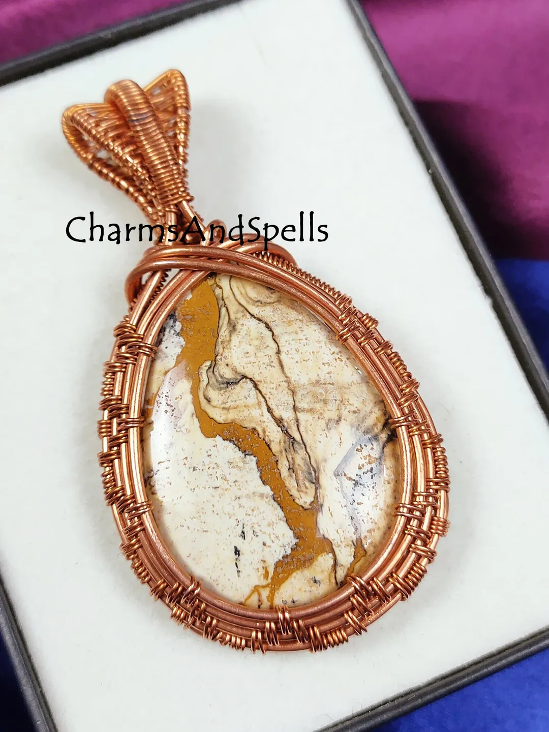 Picture Jasper Pendant, Copper Wire Wrapped Stone, Earth Tone Crystal Jewelry, Rustic Boho Necklace