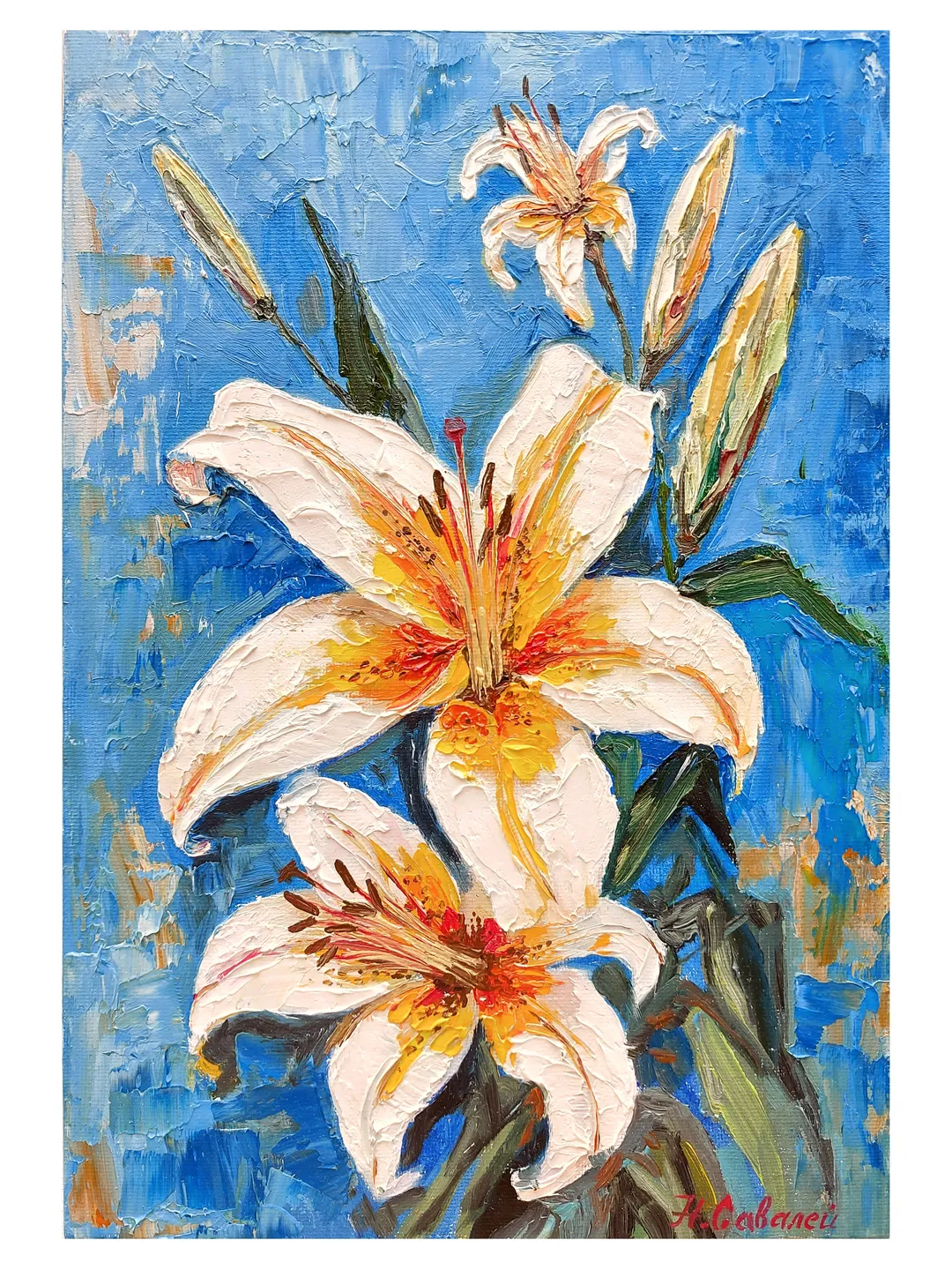 Original Oil Painting White Lilies Floral Painting with White Flowers 12" by 8" (30х20sm ) by OilPaintingNatali