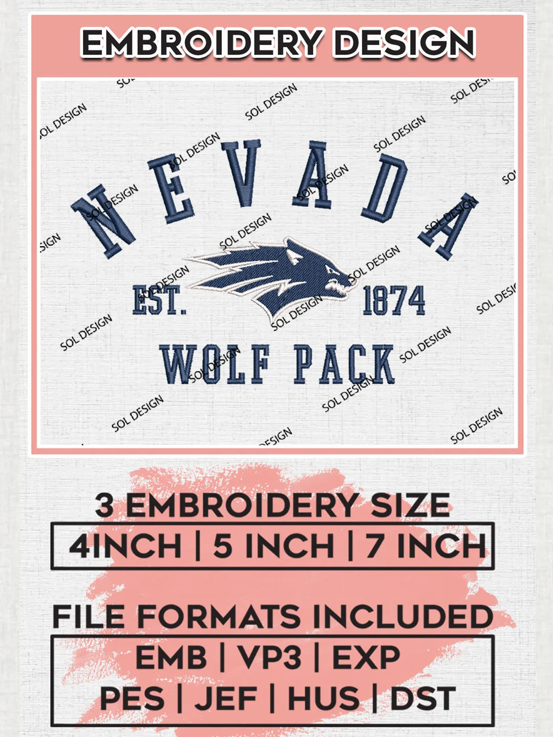 Nevada Wolf Pack Est 1874 Logo Embroidery Designs, NCAA Nevada Wolf Pack Team Embroidery, NCAA Team Logo, 3 sizes, Machine embroidery Files, Digital Download