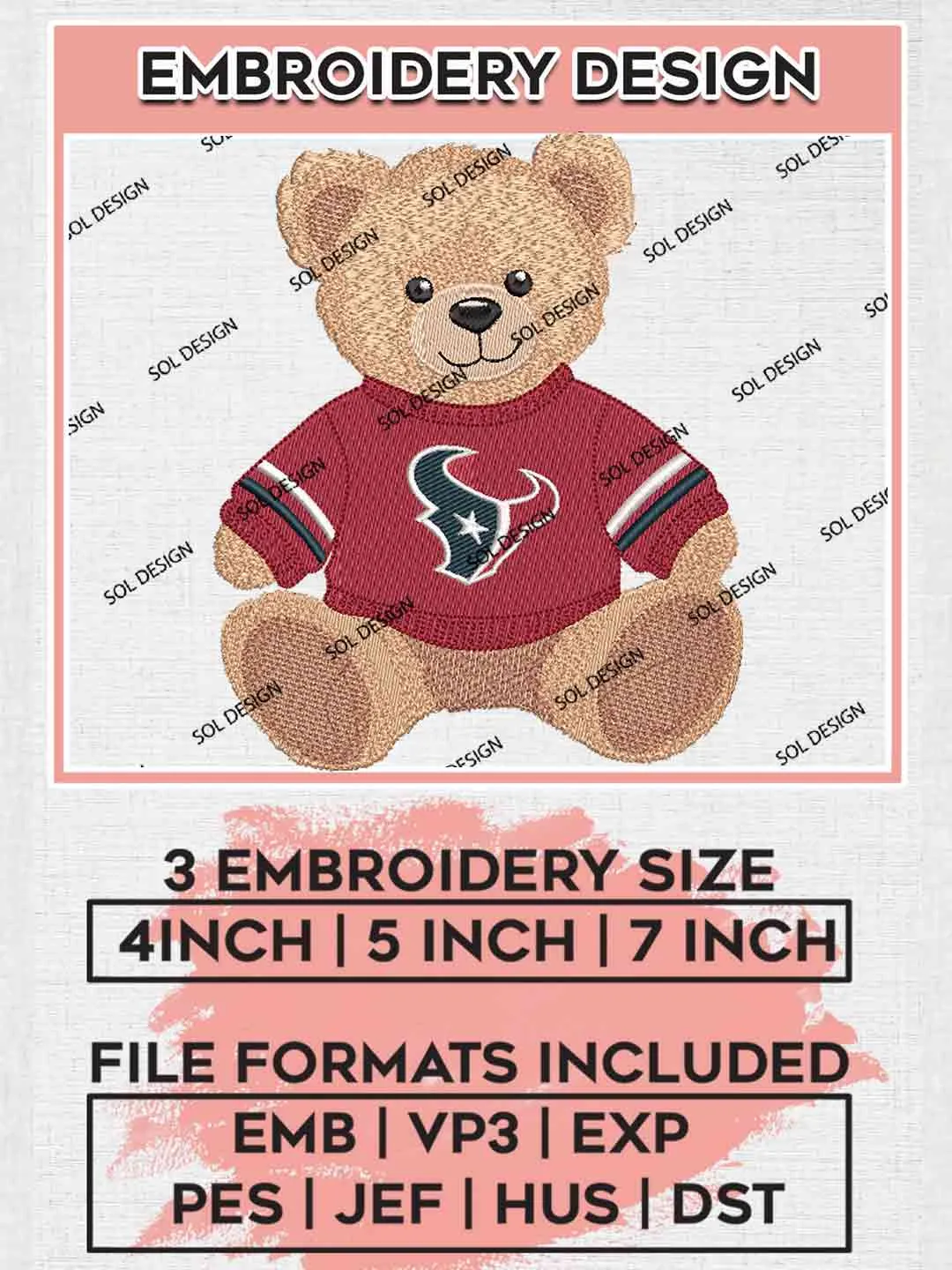 Houston Texans Cute Teddy Bear Embroidery Designs, Vintage Sports Bear Football Embroidery Design File, NFL, Sport Bear Embroidery, NFL Houston Texans Team Embroidery, Digital Download
