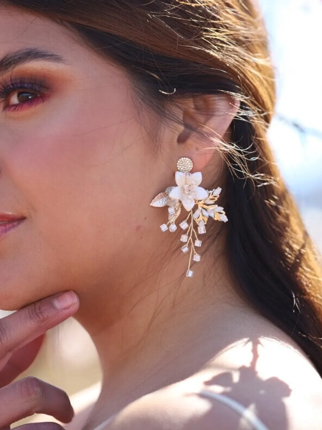 Porcelain Flower Boho Wedding Earrings, Champagne Gold Chandelier Statement Wedding Earrings, Floral Bridal Earrings, Opal Wedding Jewelry