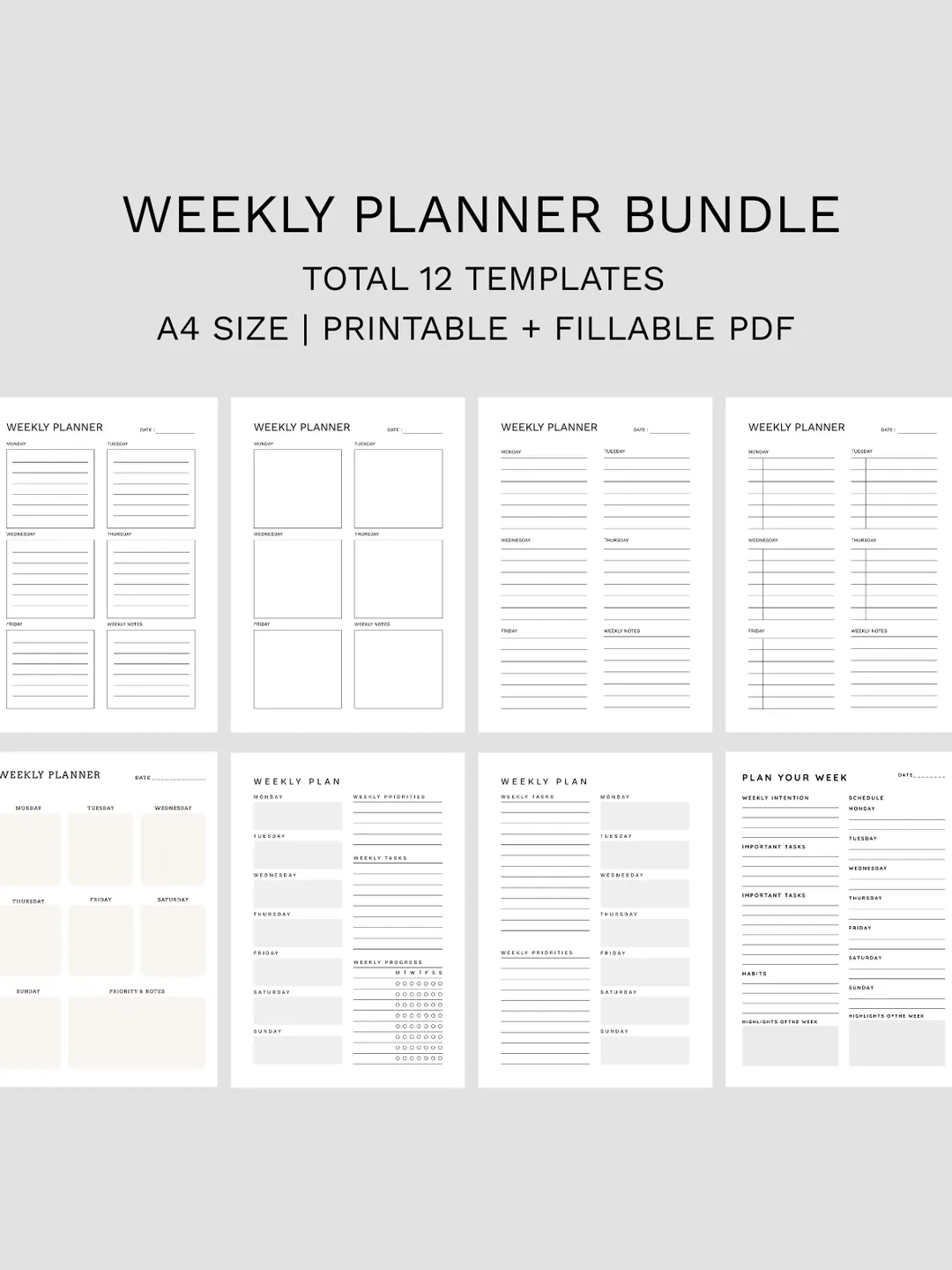 Undated Weekly Planner Printable, A4 Schedule Organizer (Digital Download)